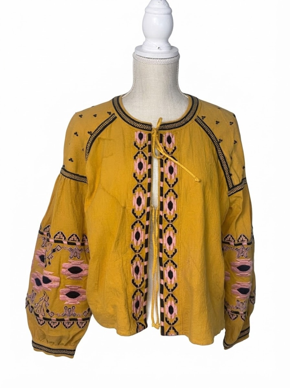 Boho Capelet Jacket w Embroidery Sunny Mustard Yellow Peach Black Embroid M
